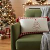 16" X 24" Red And White Lumbar Christmas Tree Plaid Cotton Throw Pillow Cover