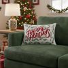 14" X 20" Ivory Red And Green Cotton Happy Holidays Throw Pillow With Embroidery