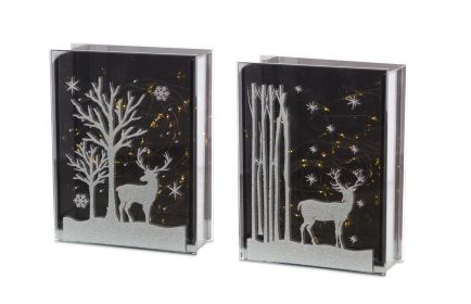 Deer and Tree Table Piece with Timer (Set of 2) 7"H Glass