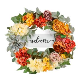 Artificial Decorative Wreath, 24 in, Red Orange Yellow, Decorated with Hydrangeas, Roses